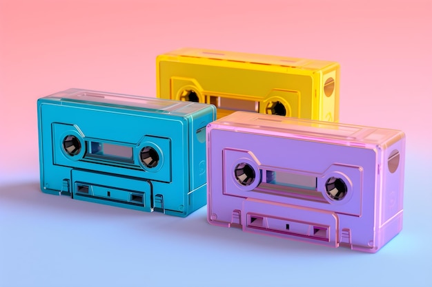 Three colorful cassettes are lined up against a pink and blue background.