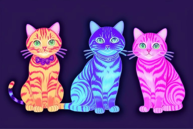 Photo three colorful cats are sitting on a purple background