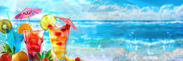 Three colorful cocktails garnished with fruits and umbrellas are arranged on a beach with an ocean backdrop Generative AI