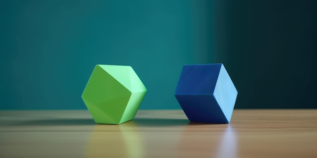 Three colorful cubes on a wooden floor, one of which is blue and one of them is green.