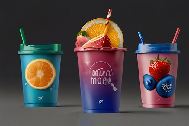 Photo three colorful cups with one saying quot eat a cup of yogurt quot