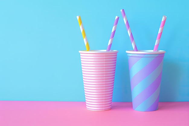 Photo three colorful cups with straws on a pink and blue background