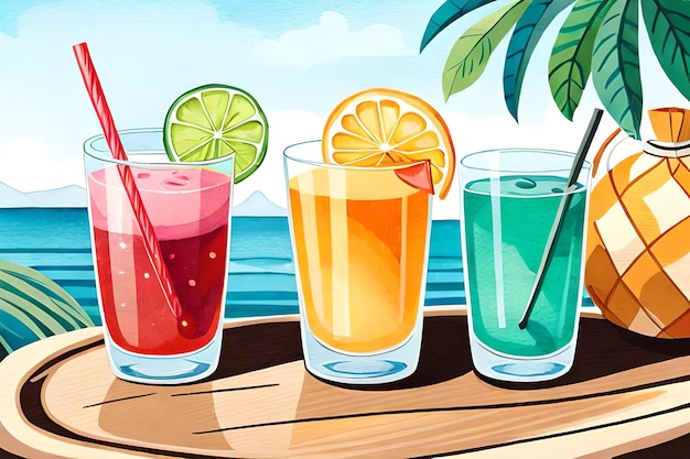 Three colorful drinks on a table with a palm tree on the background.