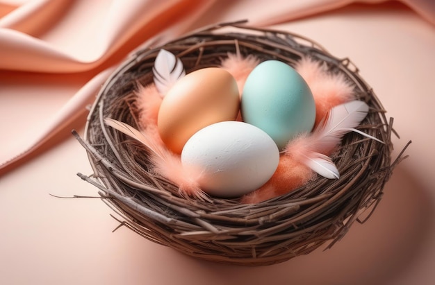 three colorful eggs in nest on beige fabric background festive composition celebrating Easter