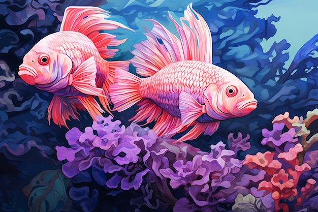 Three colorful fish swimming in a blue aquarium with a pink coral reef in the foreground