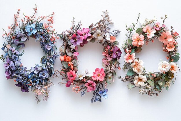 Photo three colorful flower wreaths on white background