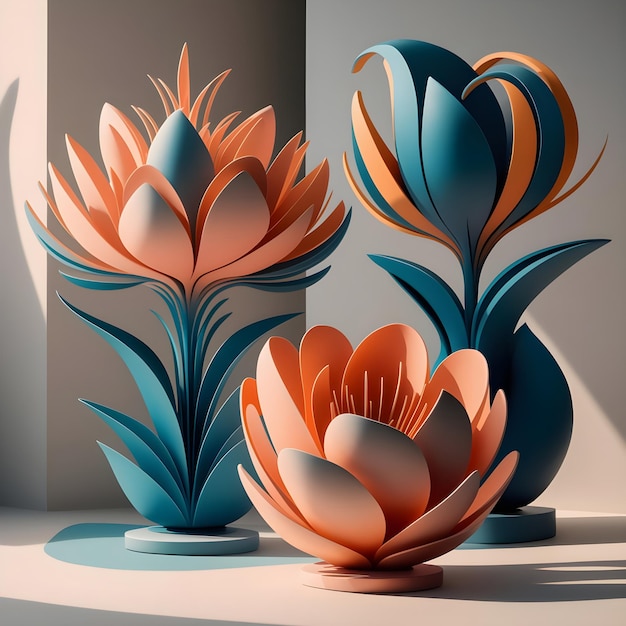 Three colorful flowers are shown on a table Ai generated