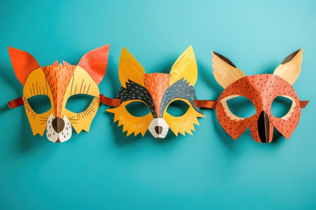 Photo three colorful fox masks arranged on a blue background