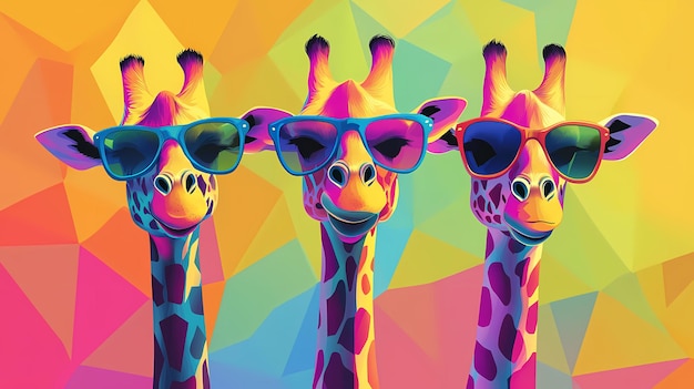 Photo three colorful giraffes wearing sunglasses against a vibrant geometric background