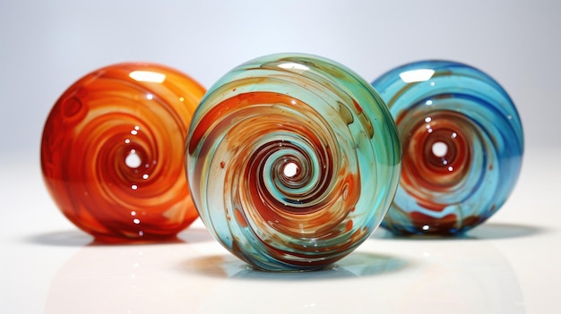 Three colorful glass beads are arranged in a row.