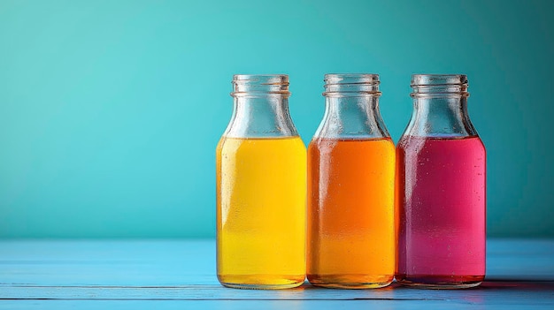 Three Colorful Glass Bottles on Blue Wooden Table