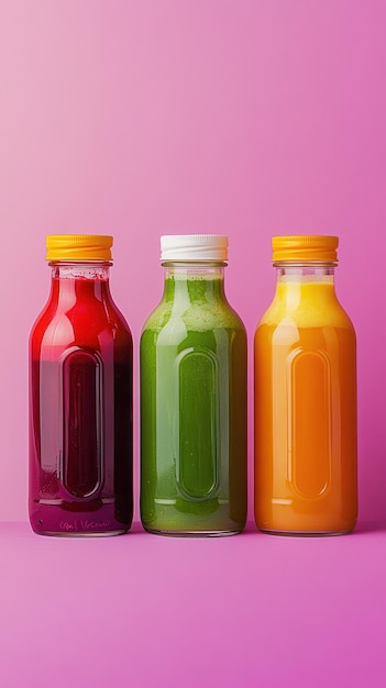 Three colorful glass bottles showcase refreshing juices in orange green and beetroot