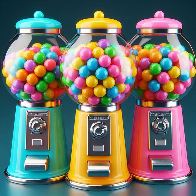 Photo three colorful gumball dispensers are on a table