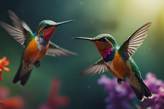 three colorful hummingbirds are in a group one of which is a hummingbird