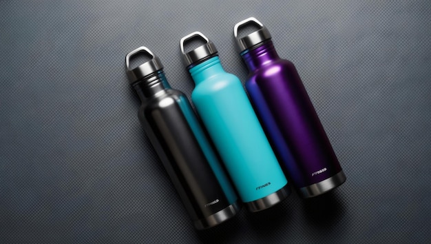 Photo three colorful insulated bottles displayed on a textured gray background