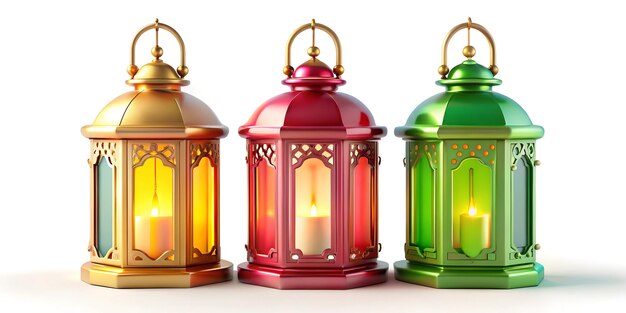 Three colorful lanterns with a candle in the middle