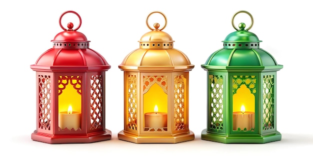 Three colorful lanterns with a candle in the middle