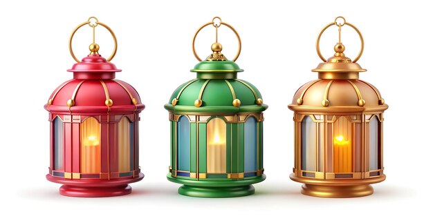 Three colorful lanterns with a candle in the middle