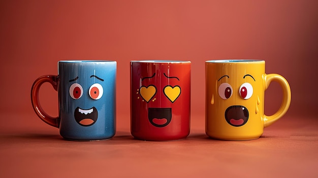 Photo three colorful mugs with one that says quot happy faces quot