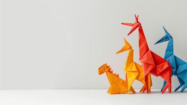 Photo three colorful origami animals standing in a row