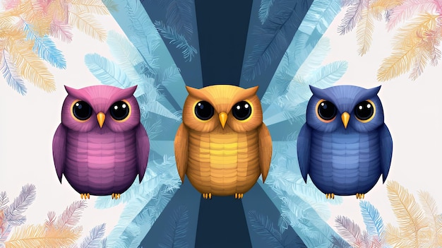 Three Colorful Owls on a Feather Background