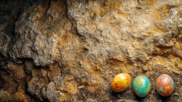 Three colorful painted easter eggs creating a contrast between natural roughness and festive