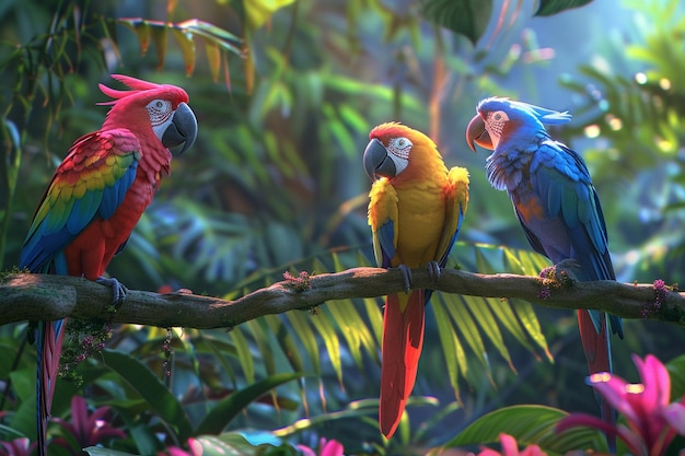 Photo three colorful parrots are sitting on a branch with one red and green and yellow