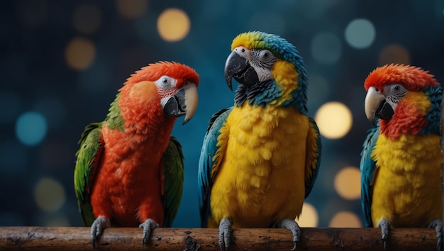 Three colorful parrots are standing next to each other on a blue and yellow background