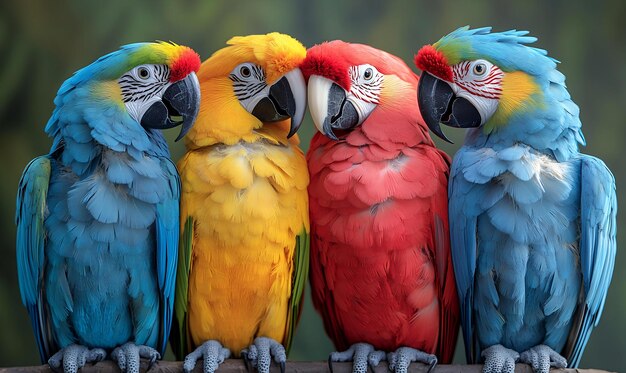 Photo three colorful parrots are standing together one has a blue green and yellow on the top