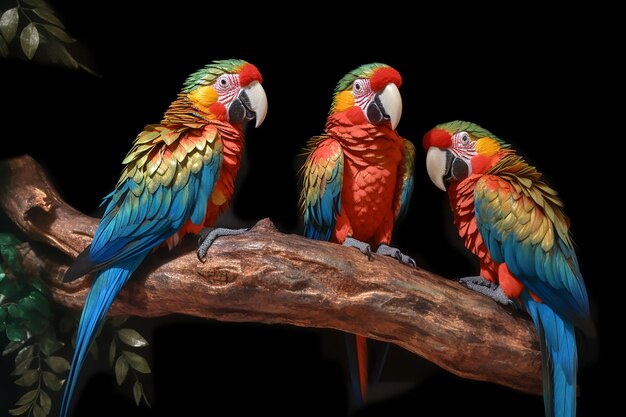 Three colorful parrots sit on a branch Generative AI