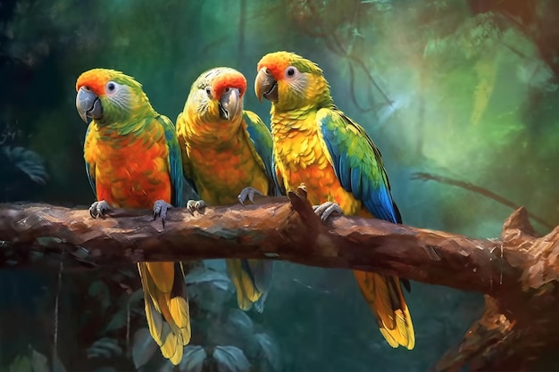 Three colorful parrots sit on a branch Generative AI