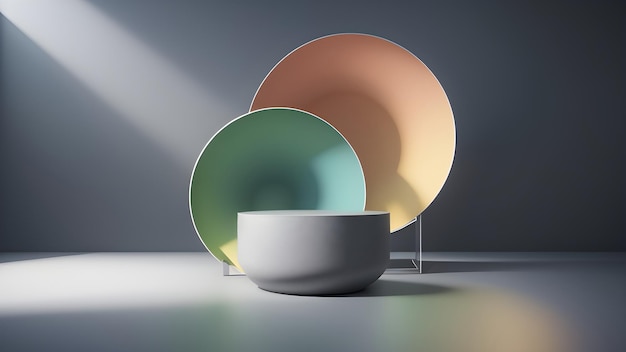 Three colorful plates on a table with a light shining on them.