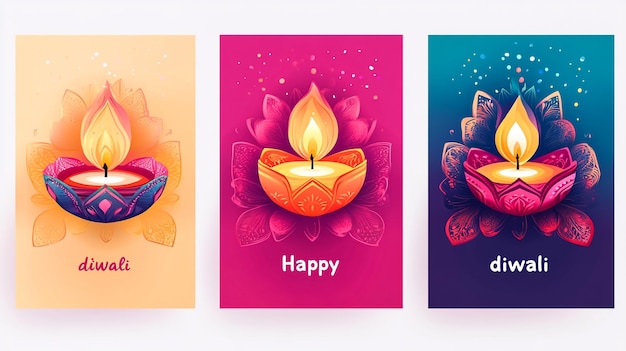 Photo three colorful posters with a candle that says happy happy