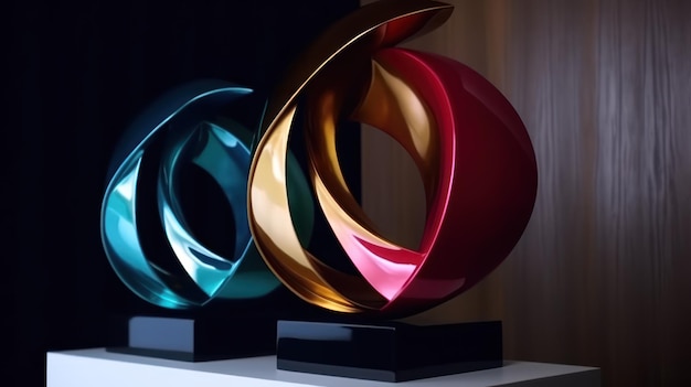 Three colorful sculptures sit on a table, one of which is a sculpture.