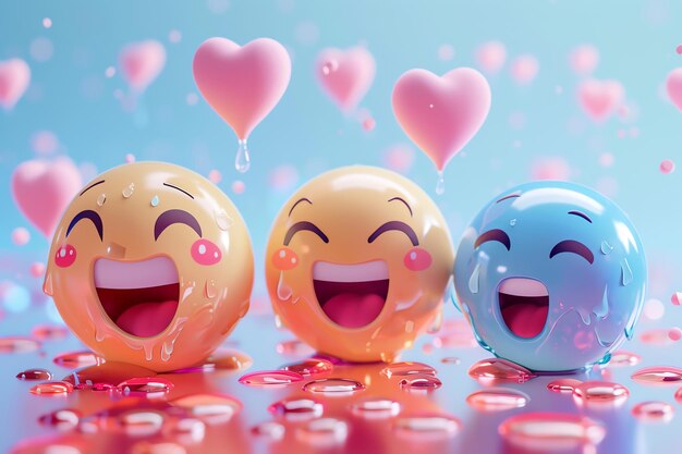 Three colorful smiling emojis surrounded by hearts expressing joy and happiness in a vibrant