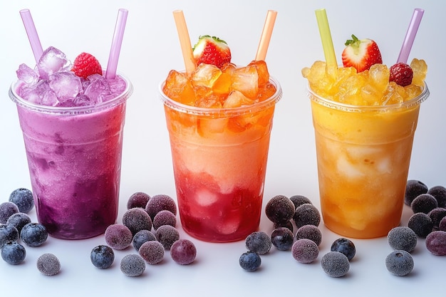 Three Colorful Smoothies with Ice and Fruit