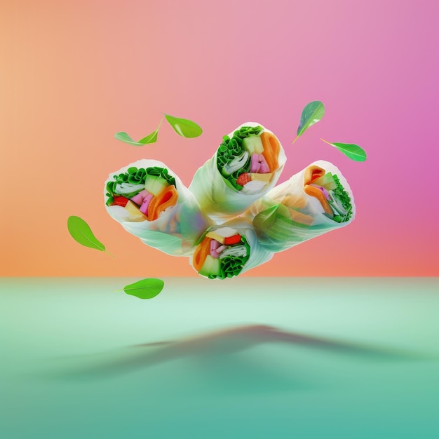 Photo three colorful spring rolls with fresh ingredients and green leaves floating in midair against a gradient background