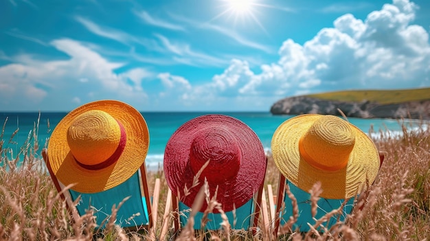 Three Colorful Sunhats Overlooking Serene Beach Landscape