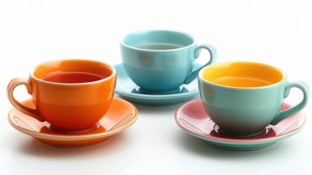 Photo three colorful teacups and saucers on white background