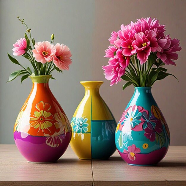 three colorful vases with flowers on a table and one with one that says  flowers