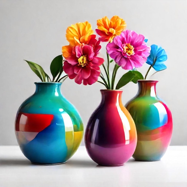 three colorful vases with flowers in them one of which is a colorful one