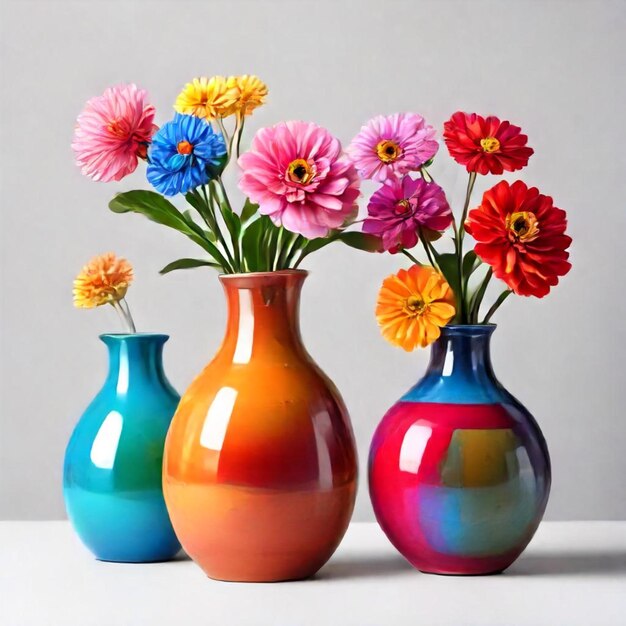 three colorful vases with flowers in them one of which is a rainbow colored