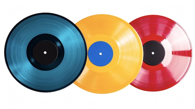 Photo three colorful vinyl records showing a music concept