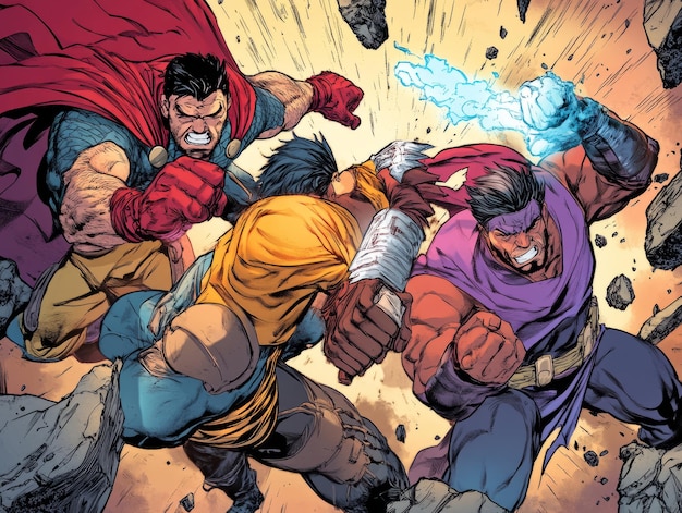 Three comic book heroes in a fierce battle with one wielding energy blasts