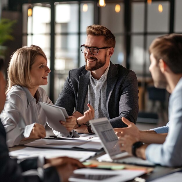 Photo three confident hr managers holding job interview with candidate looking at seeker making decision sitting at table in boardroom recruiters asking questions to applicant at meeting