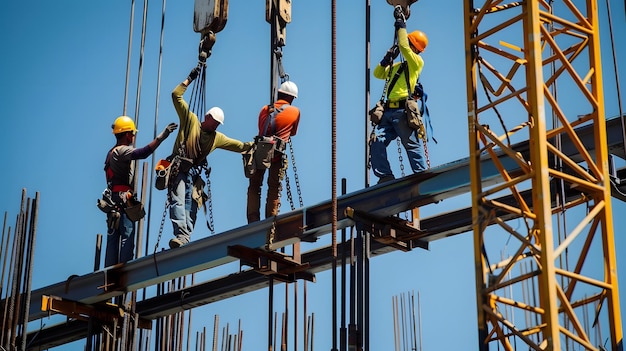 three construction workers are working on a large metal structure