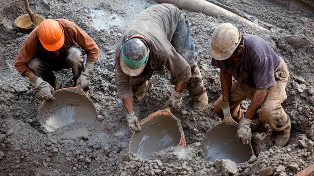 Photo three construction workers mixing concrete with shovels