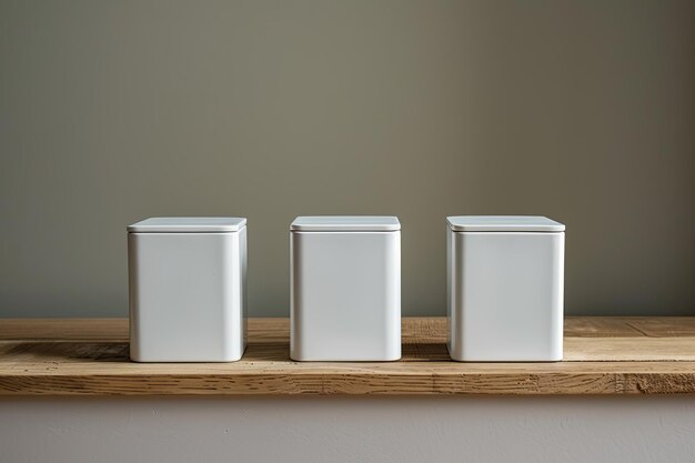 Photo three containers are lined up on a table one of which is white