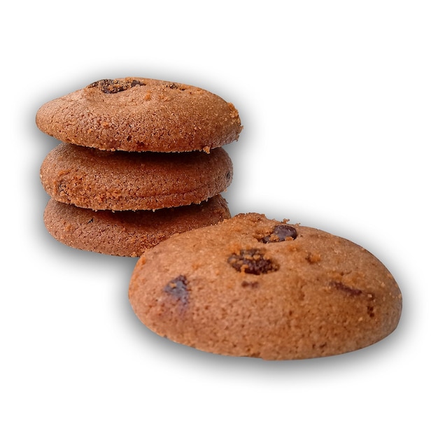 Three cookies are stacked on top of each other, one of which is a chocolate chip cookie.