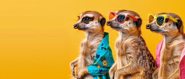 Photo three cool meerkat friends wearing sunglasses and summer clothes on yellow background three cool mee